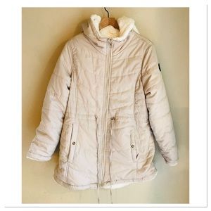 Madden Girl Faux Fur Soft Lined Hooded Puffer Jacket Beige And Cream Size XL